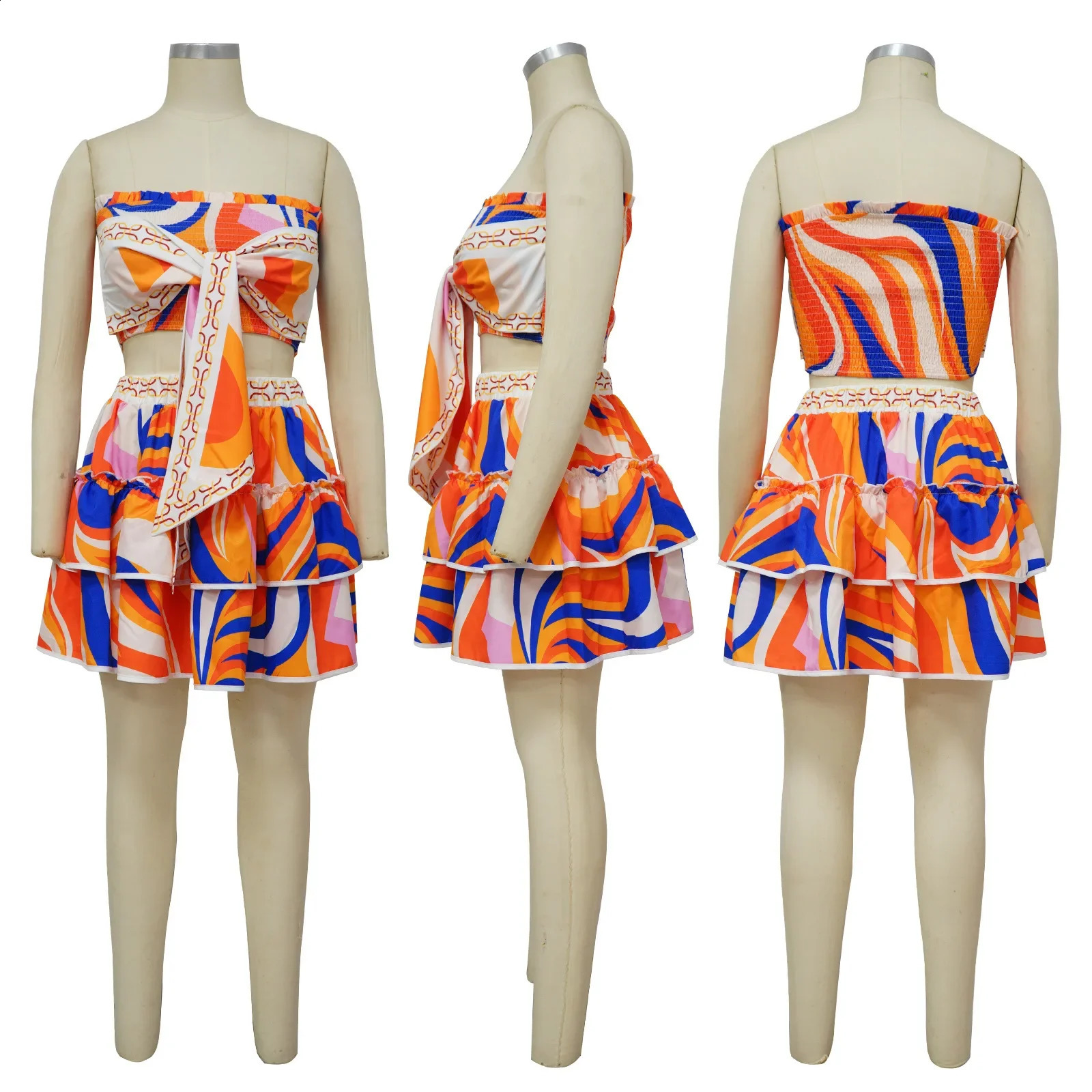 CM.YAYA Tie Dye Women Set Bowknot Back Strapless Crop Top and Cascading Ruffles Mini Skirt Chic Two 2 Piece Set Outfits 240810