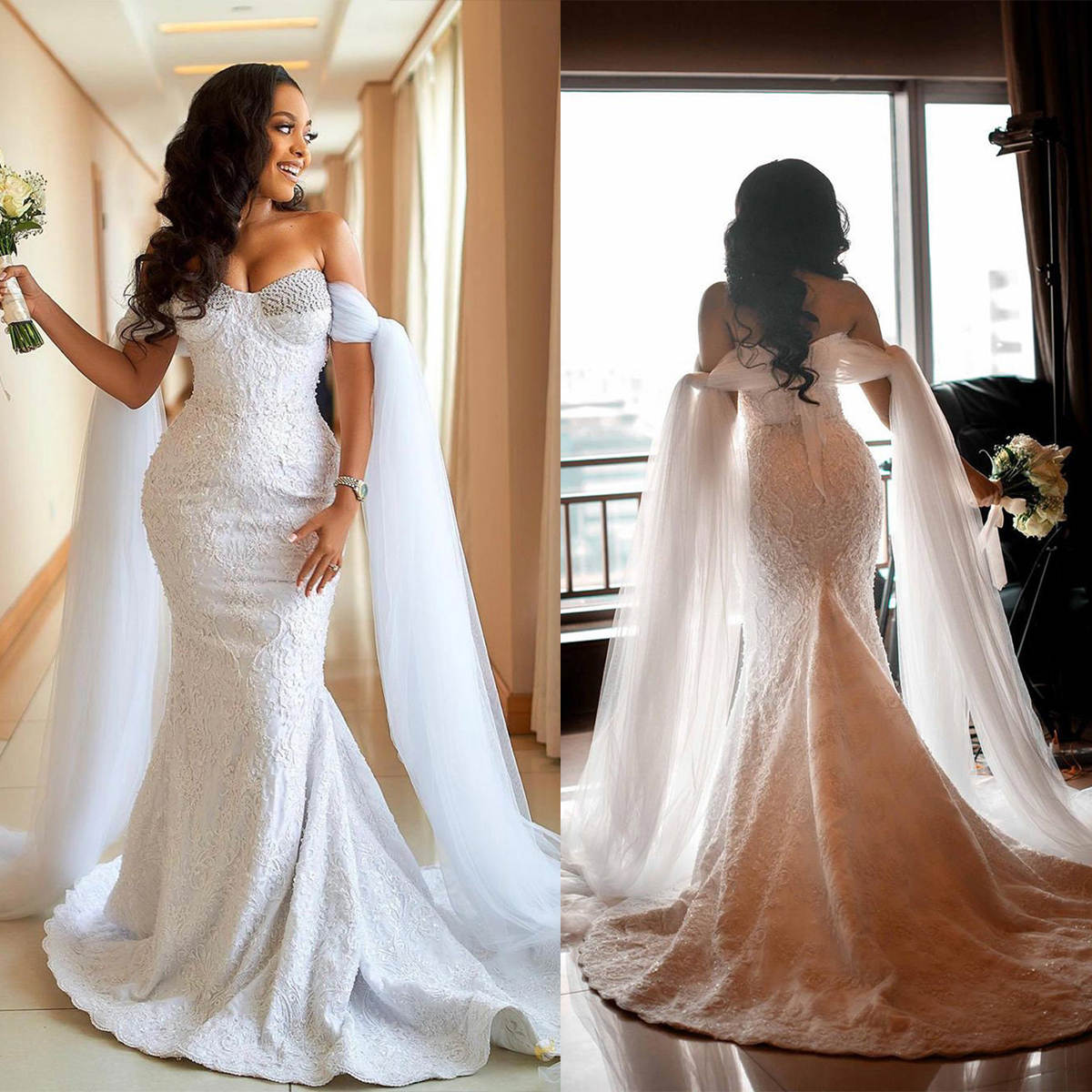 Glamorous Mermaid Wedding Dresses Off Shoulder Lace Beading Backless Custom Made Plus Size Bridal Gowns Vestidos De Novia