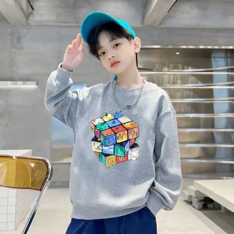 Boys Autumn Spring Cotton Casual Magic Cube Print Sweatshirts 3-14 Years Teenage Kids Fashion Outfits Tops Children ClothesY240814