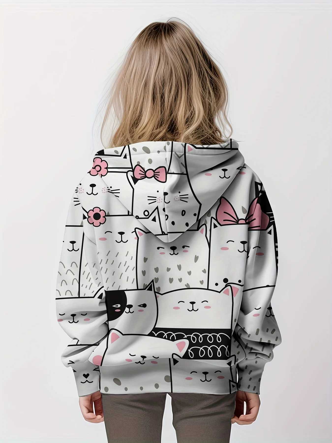 New Adorable Kittens Pattern Print Girls Hoodies Pullover Long Sleeve Trendy Cute Hooded Sweatshirt Tops Kids Clothing GiftsY240814