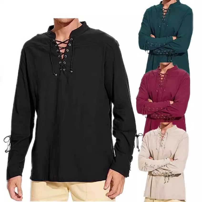 Men Medieval Costume Cotton Linen Shirts Ruffled Long Sleeve Lace Up Pirate Cosplay Shirt Vampire Medieval Renaissance ShirtM240814
