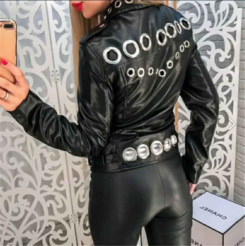 Women Chic Faux Leather Motorcycle Jacket Fall PU Locomotive Bomber Coat Zipper Cardigan Metal Rings Hollow Streetwear Crop Tops 240813