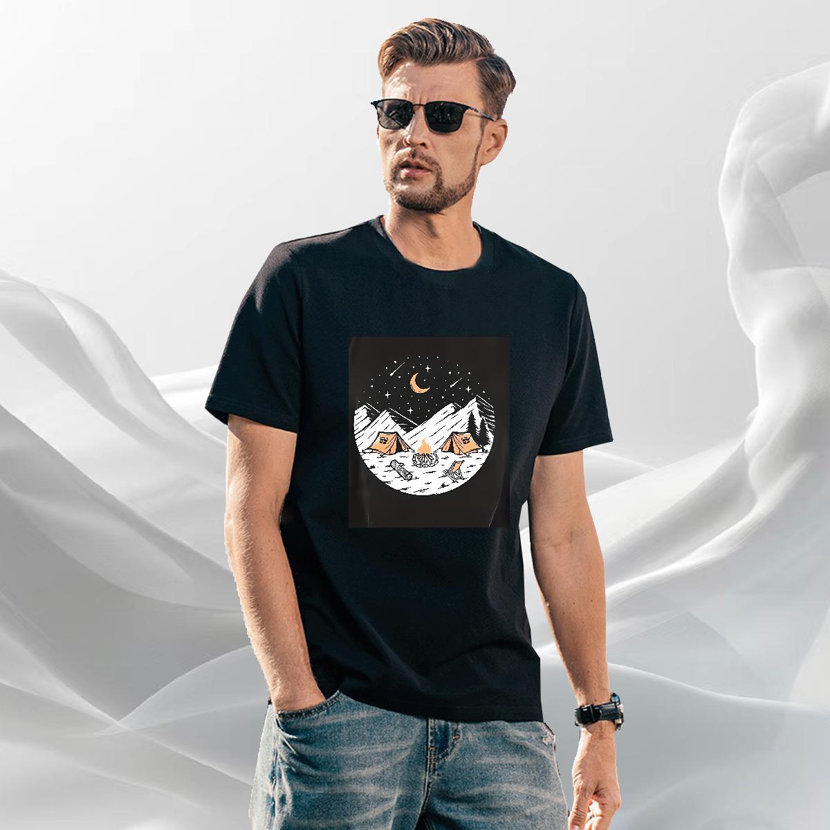 Cool Men Tshirts Beach 230g Pure Cotton Anime Print Round Neck Short Sleeve mountains T Shirt For Man Fashion Designer Tees Shirts