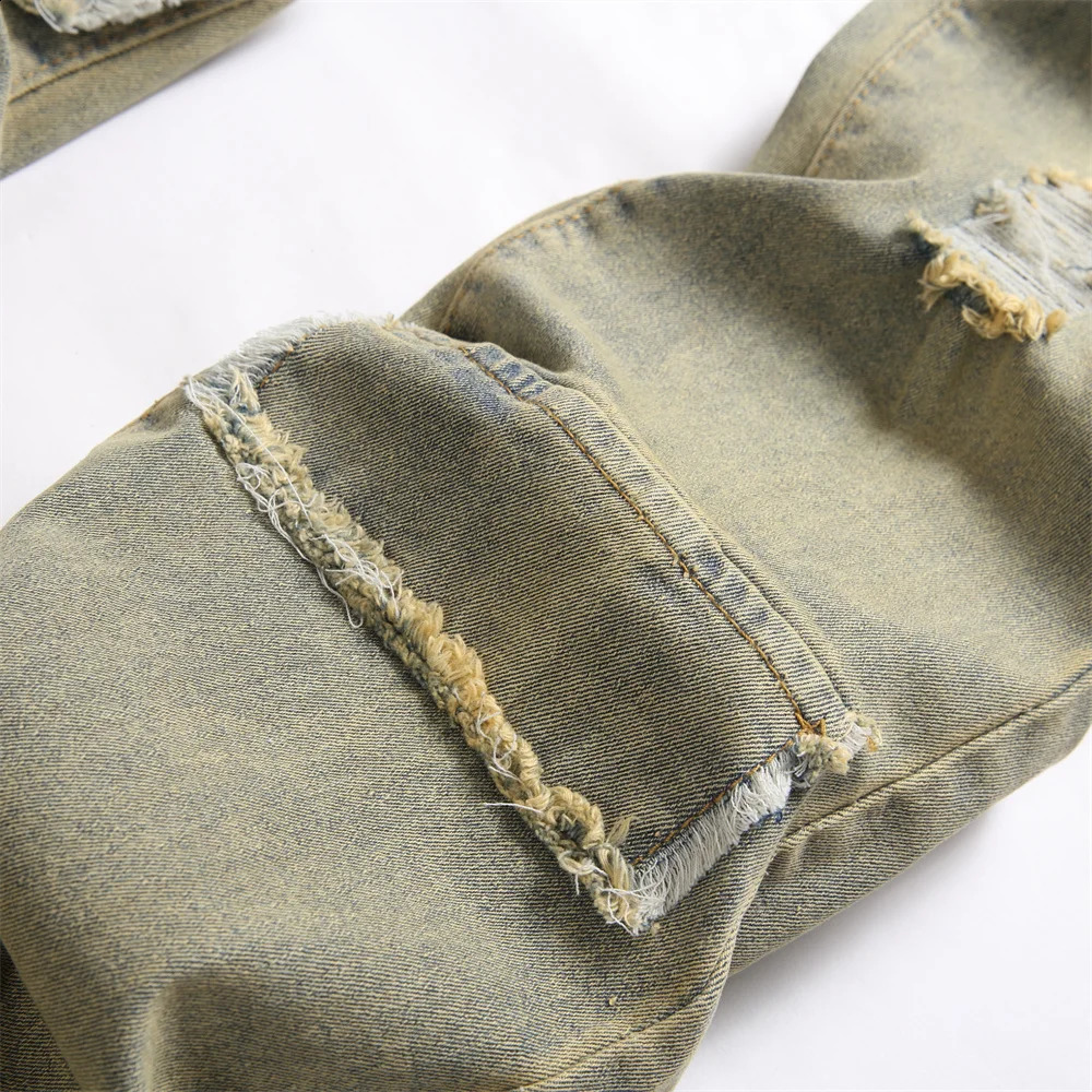 Streetwear Retro Style Men Ripped Spliced Slim Jeans Trousers Hip hop Holes Stylish Denim Pants For Male 240814