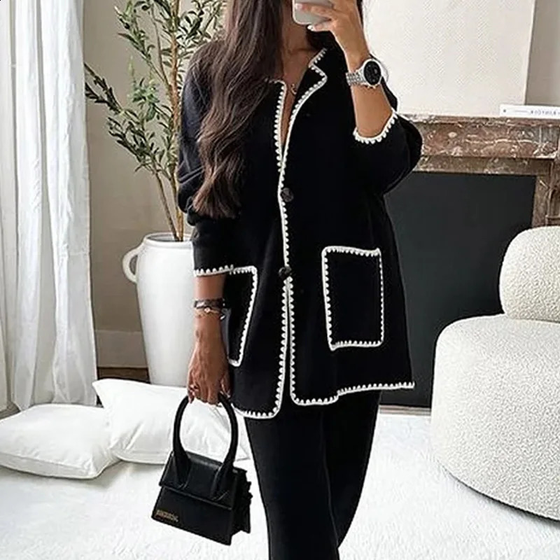 Women Patchwork Pocket Long Sleeve Knit Pant Set Fashion Single Breasted Cardigan Coats Autumn Winter Female Warm Street Jacket 240819