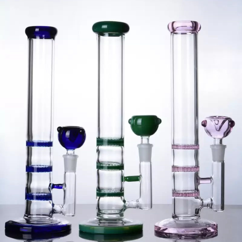 11 inches straight glass hookah tube with 3 colored honeycomb perc water pipe smoking bongs shisha with 14 mm joint