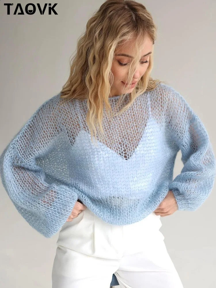 TAOVK Womens crochet tops Knitted Sweaters lightweight sheer Thin Cardigan see through Sweater Loose Outwear 240813