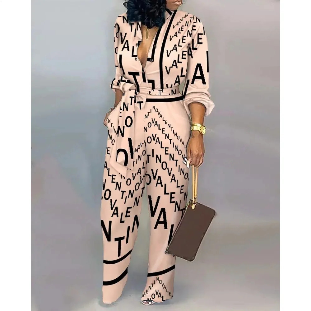LKF Temperament Casual Long-sleeved Button Jumpsuit Womens Printed Strap High Waist Straight Jumpsuit Trousers 240813