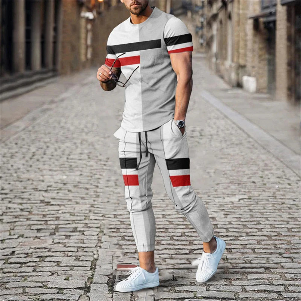 Men Summer T Shirt Pants Sets Print Tracksuits Oversized T-shirts Sweatpants Suits Male Sportswear Trousers Outfits Men Clothing 240814