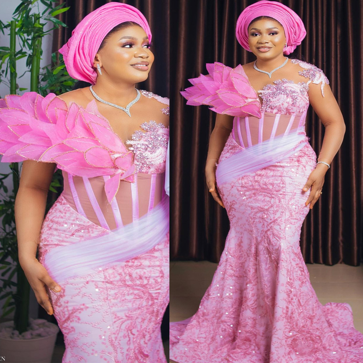 2024 Plus Size Pink Mermaid Prom Dresses For Special Occasion Florals Beaded Lacefull Evening Formal Party Second Reception Birthday Engagement Gowns 