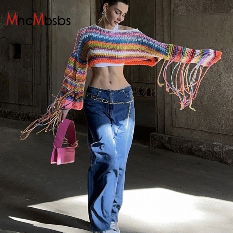 Sexy Colorful Knitted Casual Crop Top Women Long Sleeve Tassel Sweaters 2024 Summer Beach Harajuku Lolita Cover Ups Y2K Clothes 240813