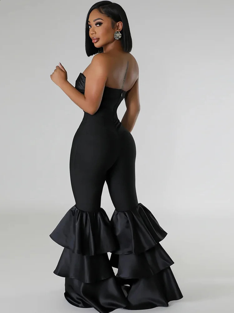 Beyprern Elegant Tiered Ruffle Strapless Jumpsuit For Women Off Shoulder Black Flared Leg Bandage Jumpsuits Clubwear Overalls 240813