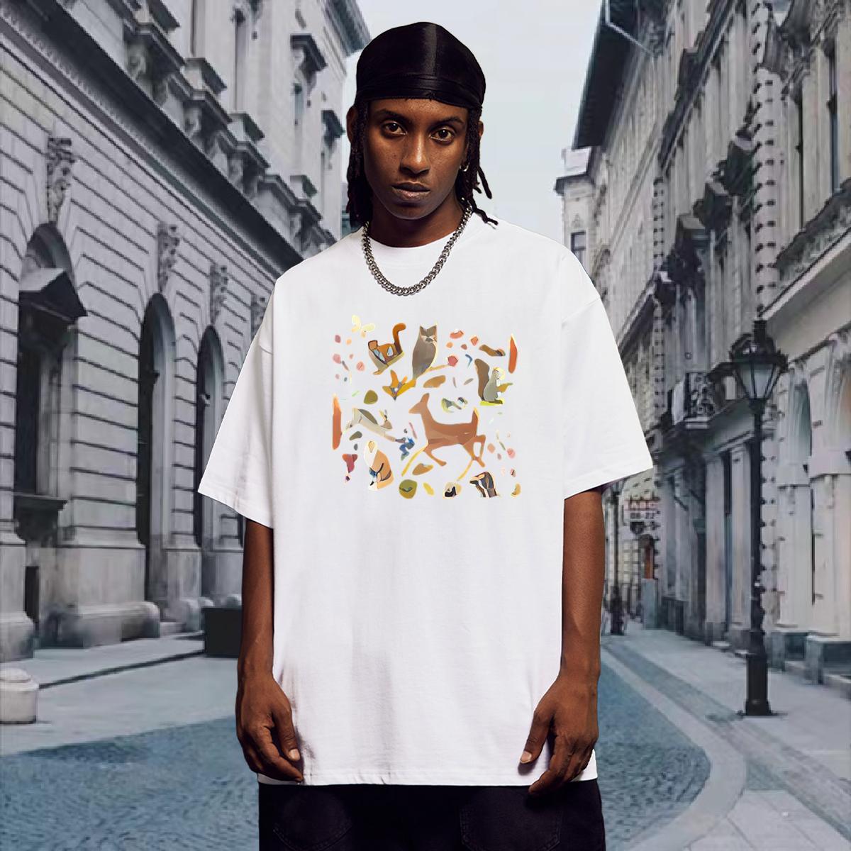 T shirt 100% Cotton 230g Deer Beach Short Sleeve O-Neck Asian Size Men Clothes T-Shirt Brand Unisex Tops Tees