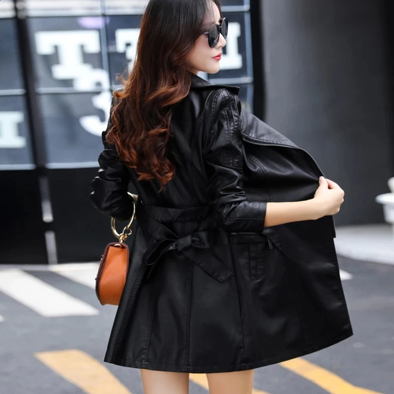 THEME 21 Pu Leather Jacket Women Fashion Black Motorcycle Coat Long Faux Leather Biker Jacket Soft Slim Jacket Female 240813