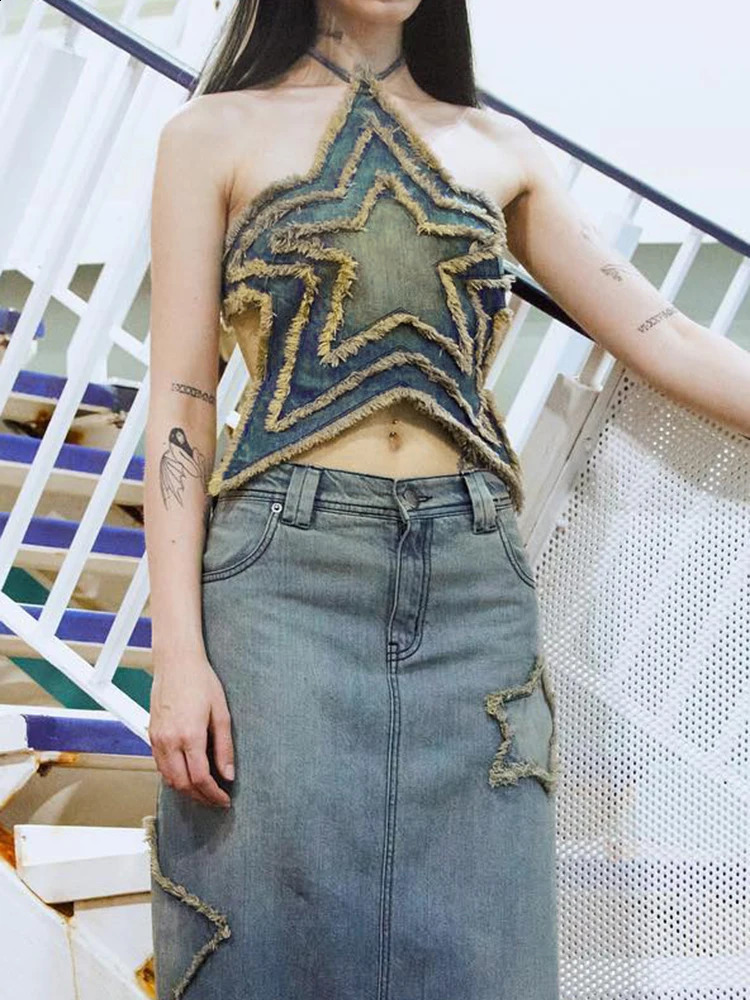 Weekeep Distressed Star-shaped Crop Top Stitched Y2k Grunge Tie-up Backless Corset Tops Women Summer Streetwear Denim Shirts 90s 240814