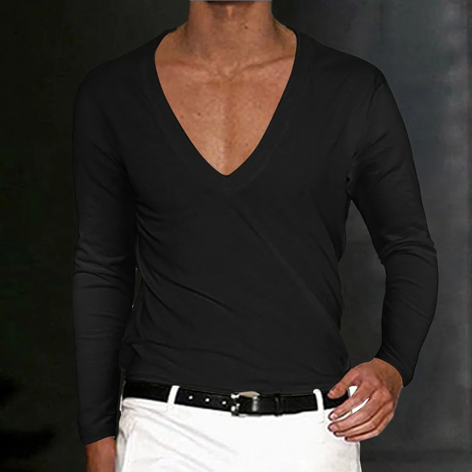 Mens T-Shirt Summer Shirts Low Cut Deep V Neck Comfortable Shirt Tops Mens Long Sleeve Casual Pullover Sexy Slim Fit Tees 240814
