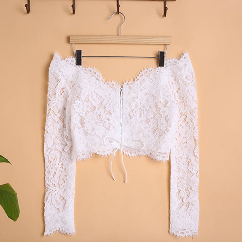 Unique Women Wrap Jacket Lace Up Long Sleeve Bride Jackets Sheer Appliques Short V Neck Bridal Cloak Formal Wedding Accessories