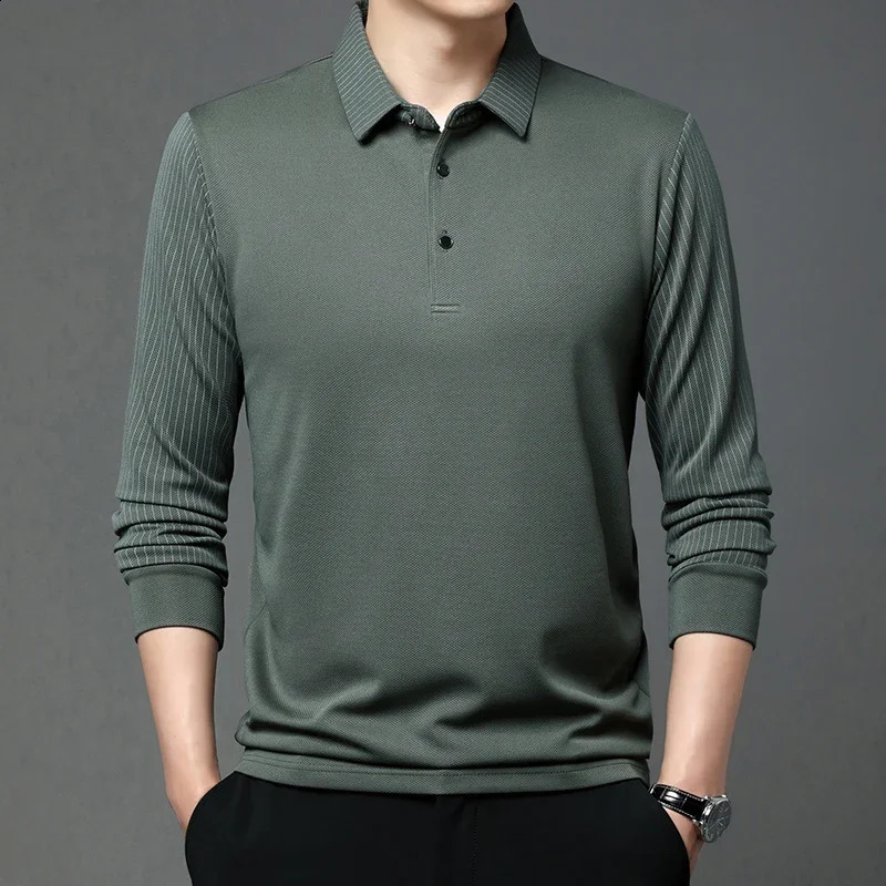 mens casual solid color long sleeved Polo shirt Fashion solid color lapel top 240814