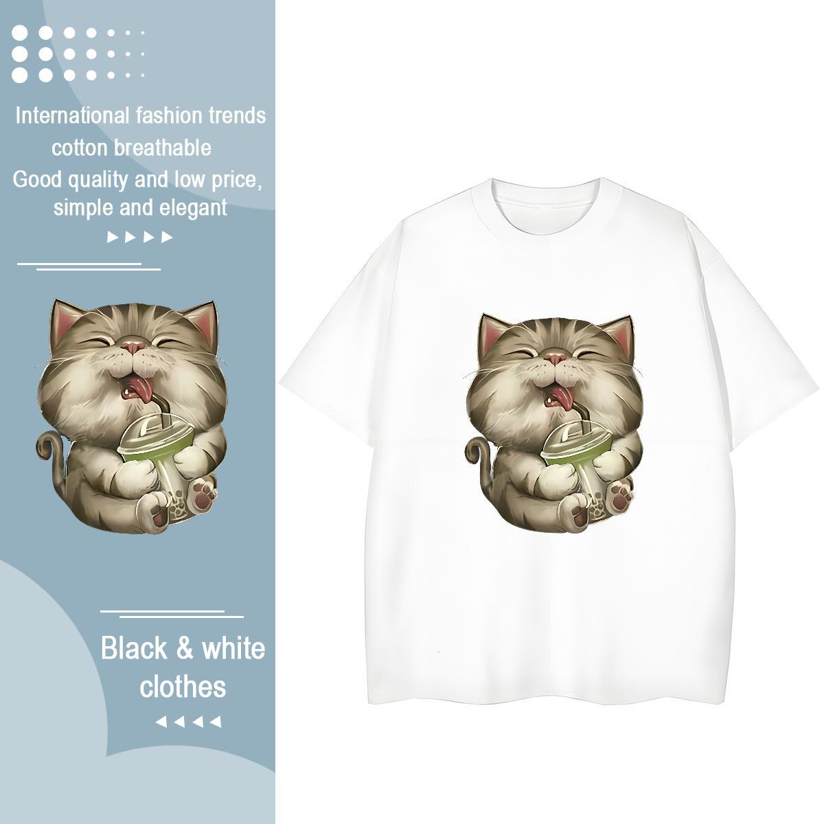 Soft Mens T Shirts cat Crew Neck Breathable Home Outdoor Black Oversized 230g Pure Cotton Tshirts Fashion Design Tees Shirts