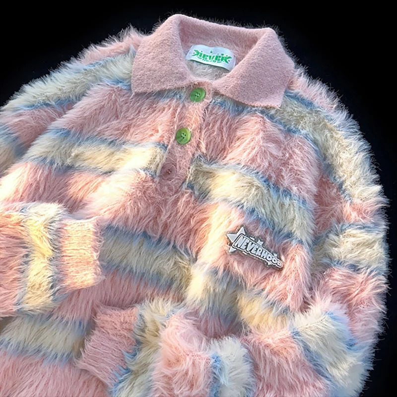 Mohair Sweater Y2K Streetwear Striped Sweater Hip Hop Men Long Sleeve Pullovers Outwear Man Sweaters Loose Knitting Clothing 240814