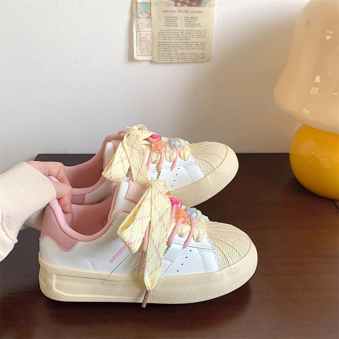 Dopamine color shell head thick soled board shoes women 2024 summer new student small white shoes