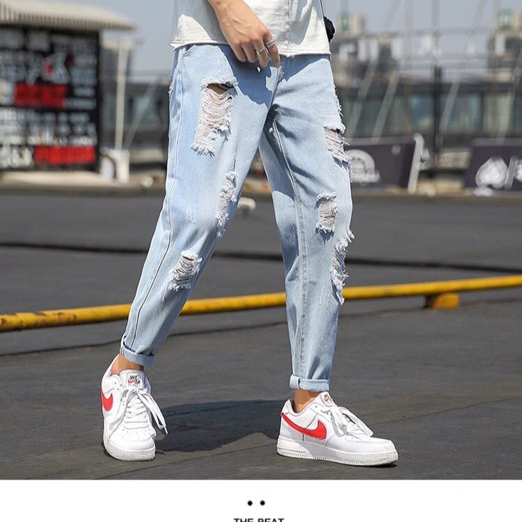 Summer thin cut ripped jeans for men, loose fit, 9-inch fat, trendy brand, plus size 1 pounds pants, beggar carrot pants