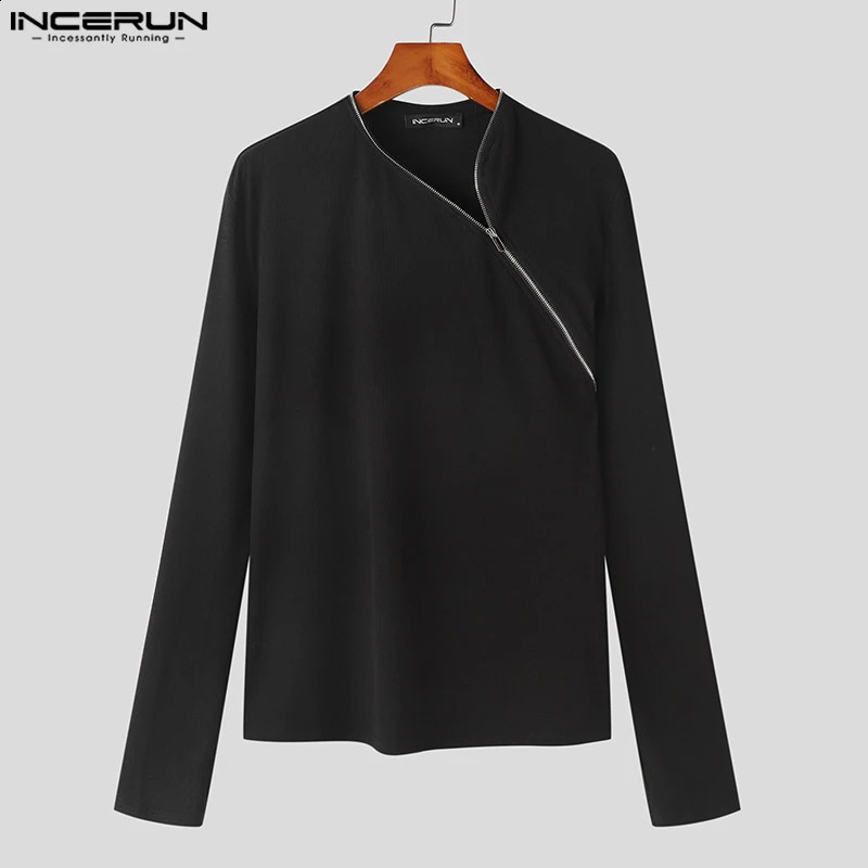 Mens T Shirt Zipper Solid Color Long Sleeve Fashion Men Clothing Streetwear Fitness Korean Casual Tee Tops S-5XL INCERUN 240814