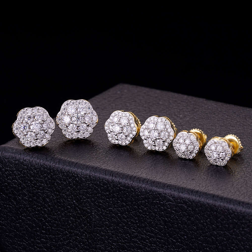 8MM 10MM 12MM Iced Out Hip Hop Pass Dia Tester VVS Moissanite Men 14k Gold Plated wer Cluster Screw Back Earrings