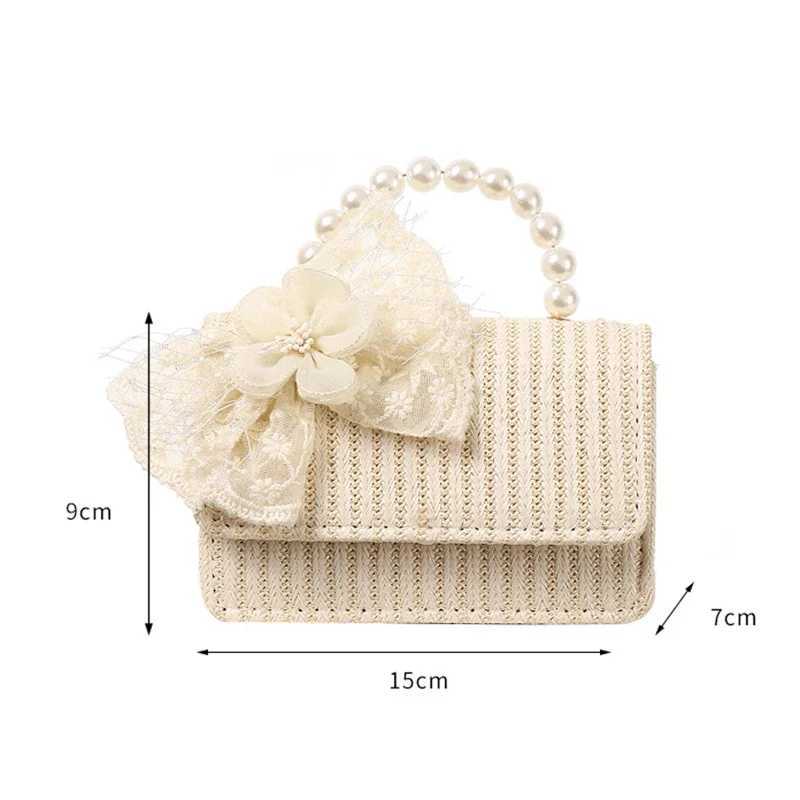 Cute lace bow flower childrens grass shoulder bag simple pearl mini handbag fashionable princess coin wallet womens messenger bag W240813