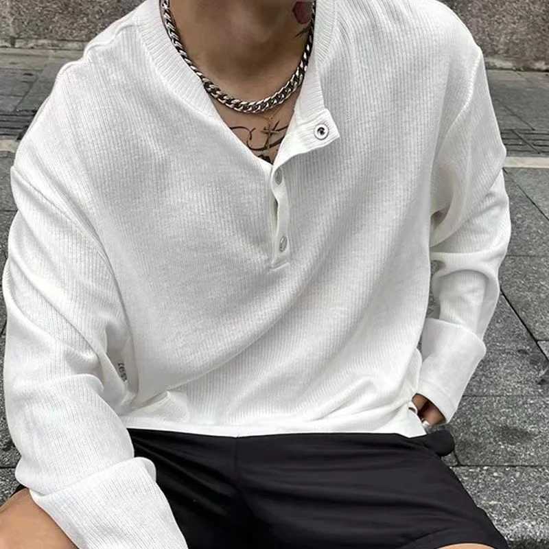 Autumn Winter Pleated Texture Long Sleeve Men T Shirt Buttons Fashion Casual Business Keep Warm 2xl Oversized Pullover Top WhiteM240814
