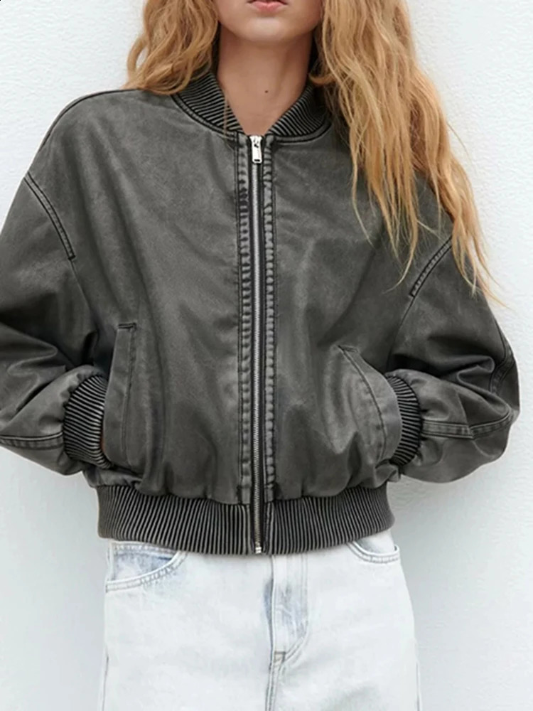 Bomber Leather Jacket Woman Fashion Faded-Effect Coat Vintage Casual Long Sleeve Outerwear Loose High Street Zip Jacket 240813