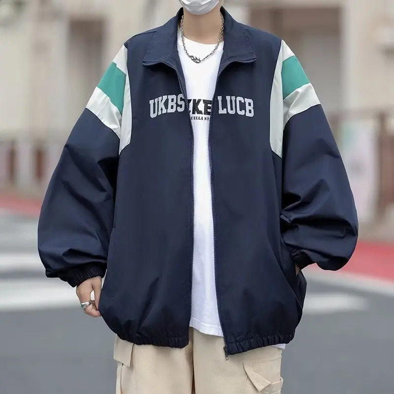 Spring and autumn mens retro patch work stand up collar jacket loose casual thin sports top fashion version baseball 240809