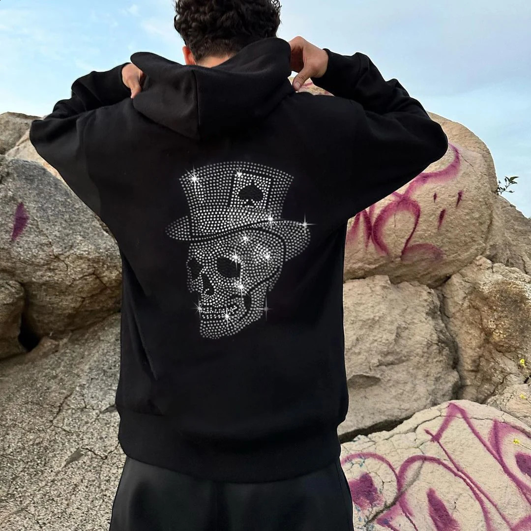 Fashion Mens Loose Sweatshirt Hoodies Black Rose Rhinestone Hoody Male Casual Warm Streetwear Jacket Coats Women Unisex Pullover 240810