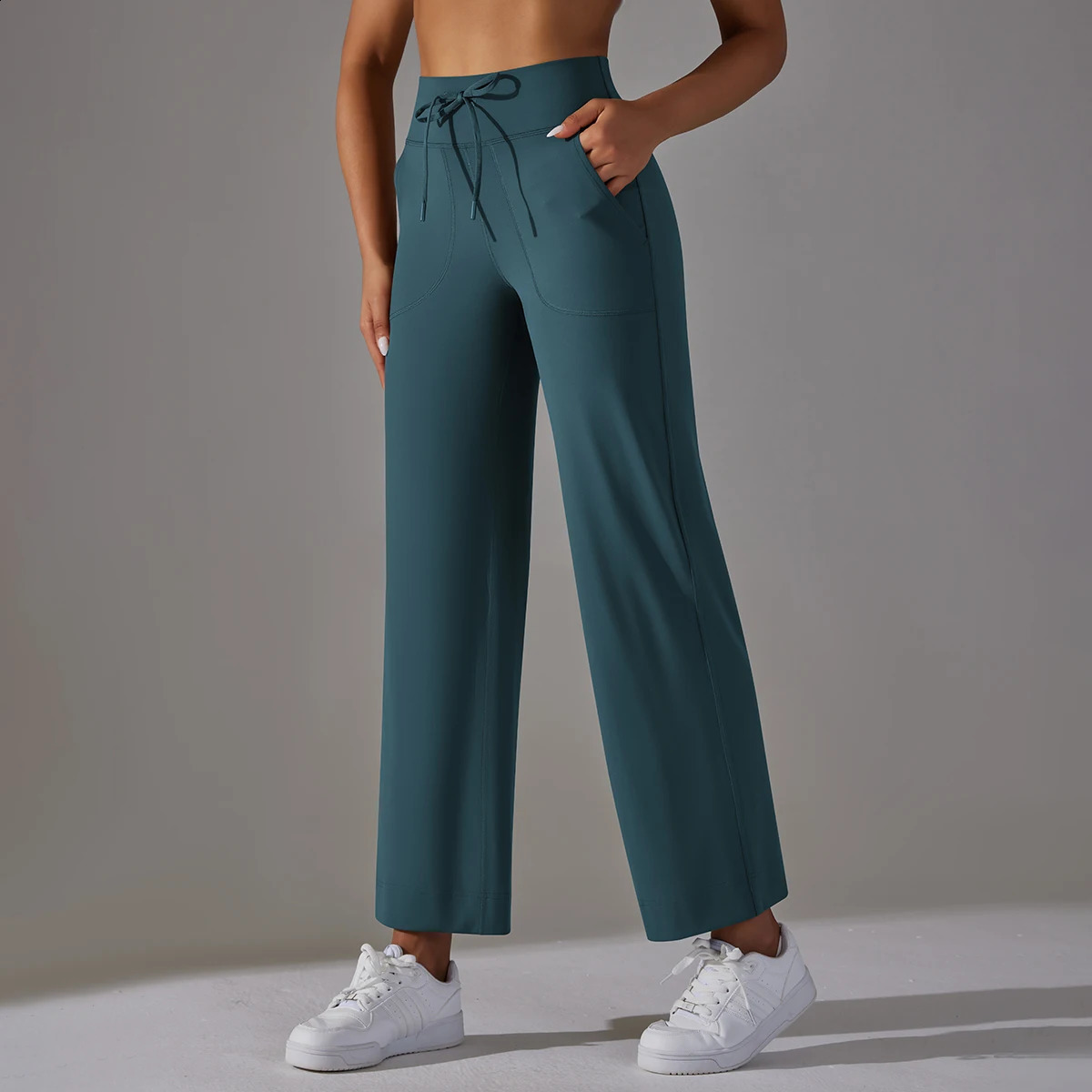 Wide Leg Pants With Pockets Womens Loose Yoga High Waist Legging Drawstring Outdoor Casual Jogging Gym Sports Flare Pants 240813