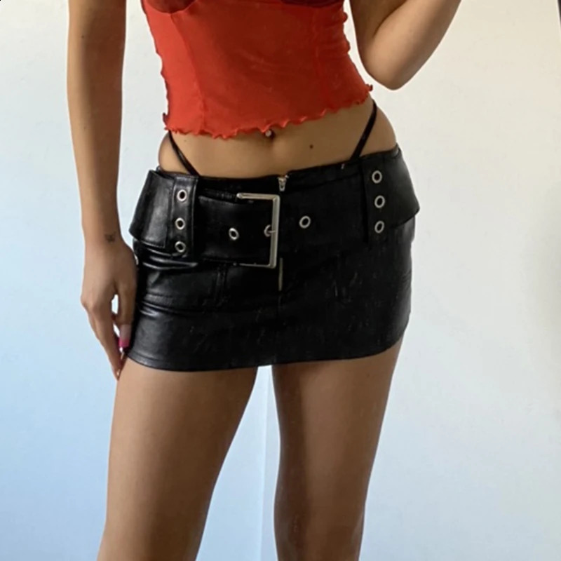 CIBBAR Sexy Super Short Leather Skirt Punk Style PU Wide Belt Patchwork Low Rise Mini Skirts for Women Gothic y2k Aesthetic Chic 240813