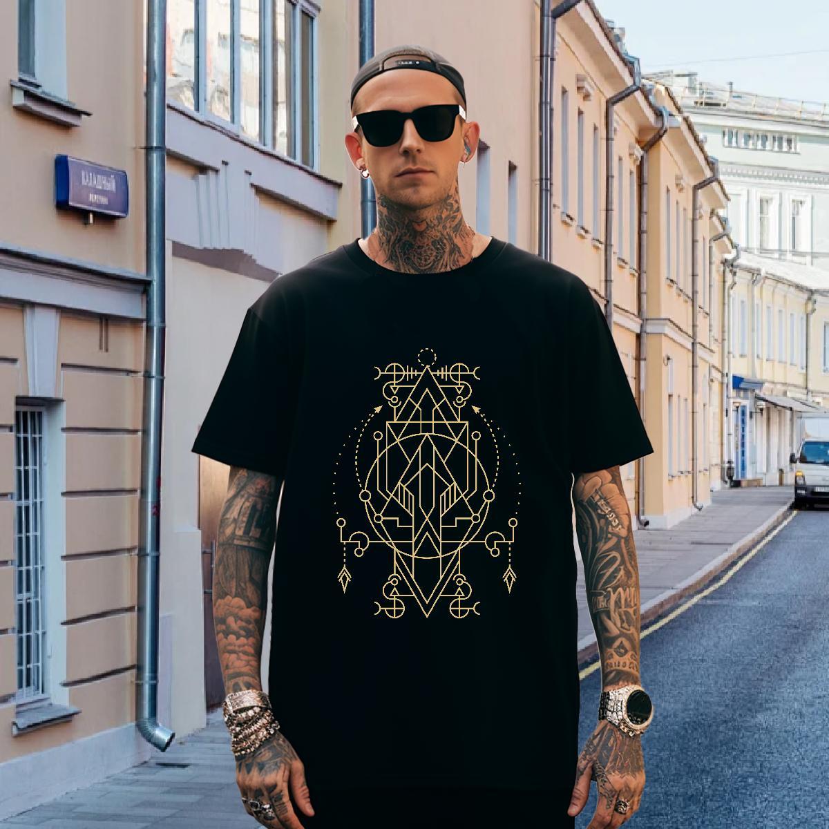 Man T Shirts 230g 100% Cotton Geometric line Summer Casual Round Neck Short Sleeve Cartoon Printing L-4XL Men Tops Tees 2024 Summer Classic Tops Shirt