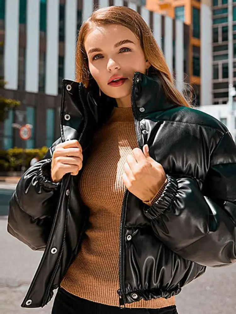 Winter Warm Thick PU Leather Coats Women Short Parkas Fashion Black Cotton Padded Lady Down Jacket Elegant Zipper Clothes 2024 240813