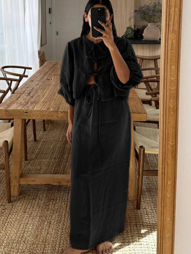 Elegant summer womens linen bow long dress lace solid fluffy sleeveless twopiece set beach holiday shoulder strap 240809