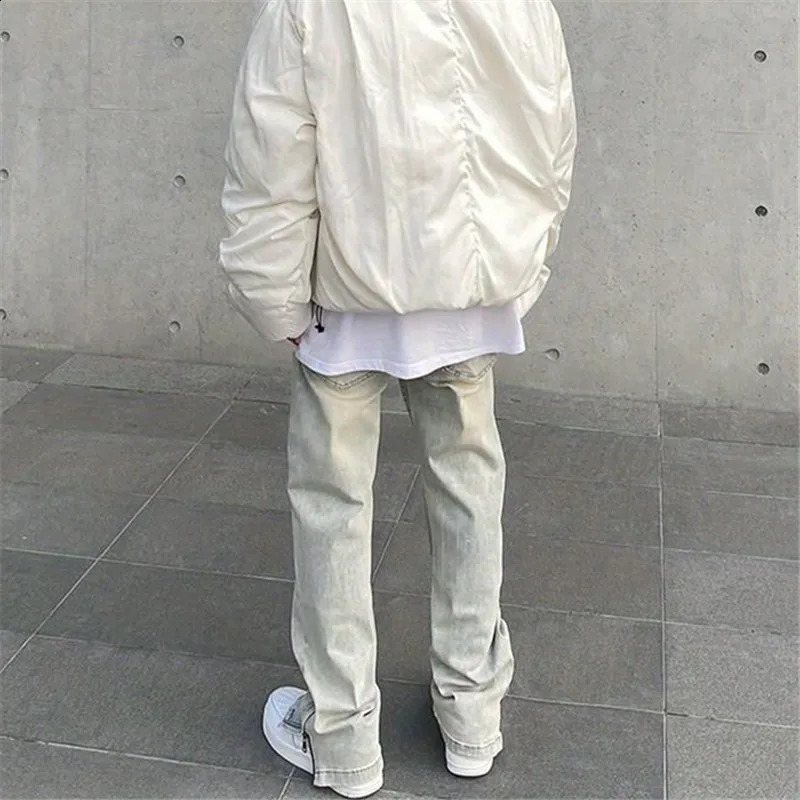 Jeans Mens Y2K Vintage Straight Leg Pants Solid Color Button Pocket Split Zipper Loose Trousers Spring Summer Male Clothing 035 240814
