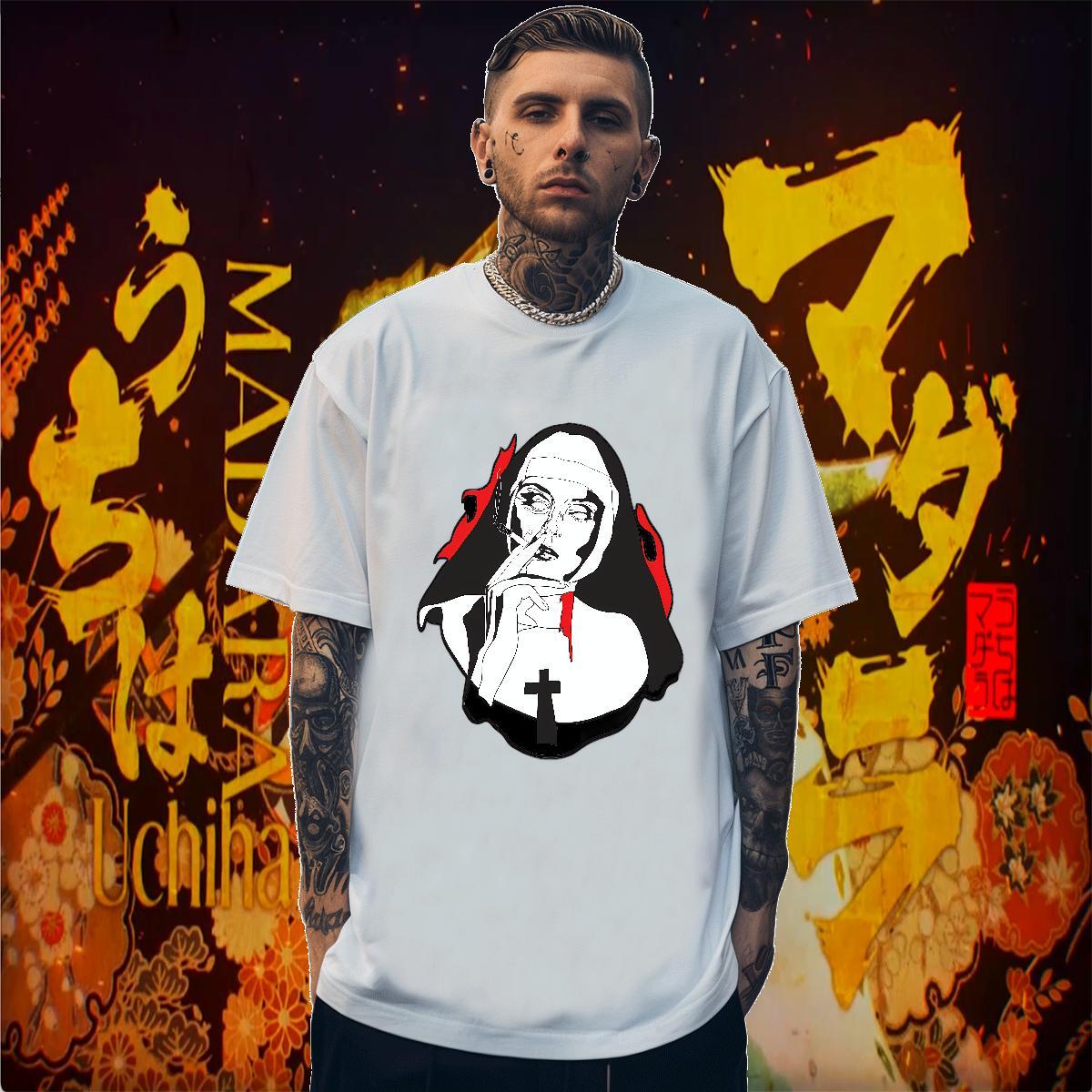 Mens T Shirts 230g Pure Cotton nun Daily Wear Breathable Short Sleeve Anime Print Men Tops Tees Fashion Designer Clothings
