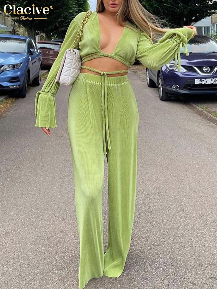 Clacive Sexy Green Pants Set Women Casual Loose Bandage Blouses Shirt Matching Wide Leg Trousers Suit Elegant 2 Piece Pant Set 240813