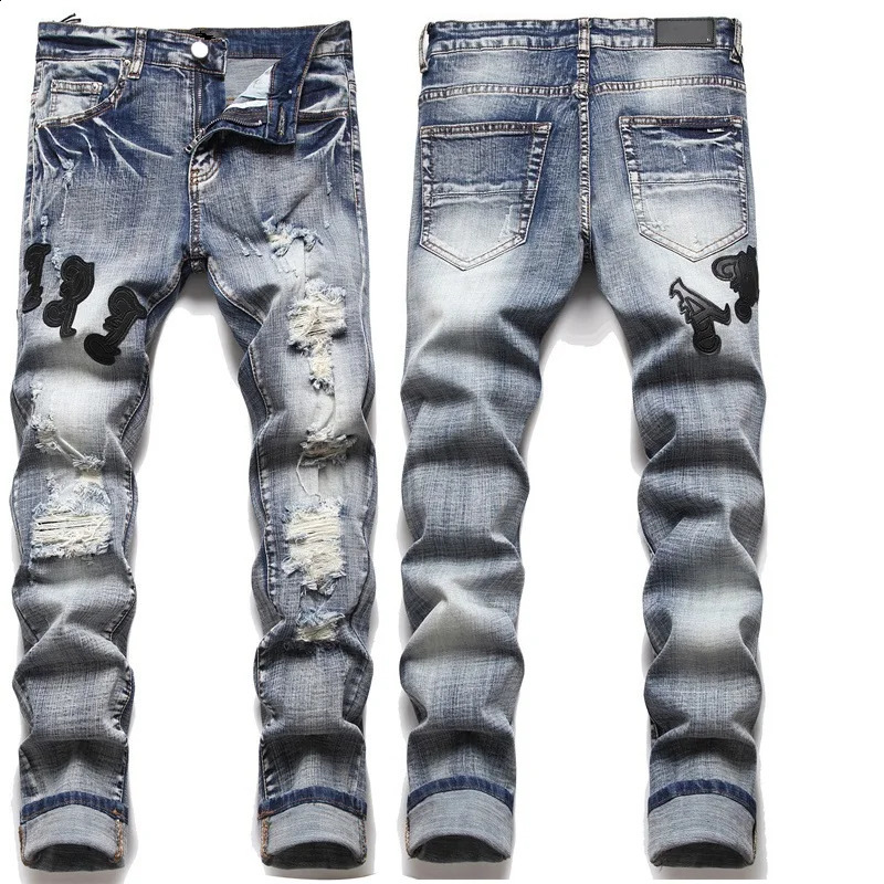 High Street Stretch Embroidered Mens Jeans Ripped Streetwear Punk Style Pants for Man Slim Fashion Small Foot 240813