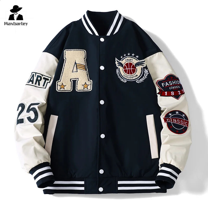Campus Baseball Jacket Mens Autumn Hiphop Harajuku Stitching Letter Embroidered Motorcycle Loose Couple Windproof Coat 240712