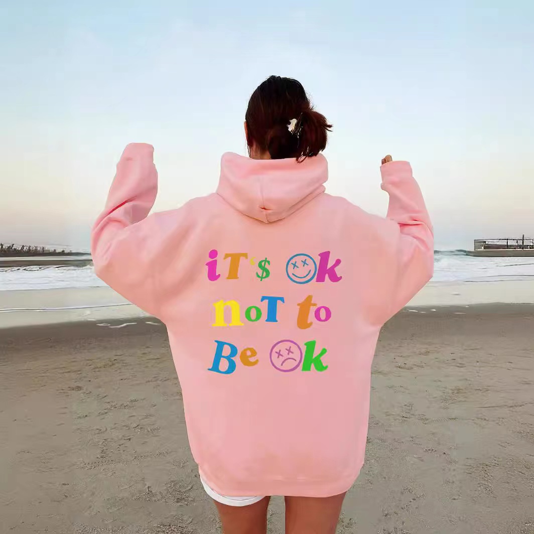 2024 Independent Station Foreign Trade Women's Plush Hoodie Solid Color Letter Printed Kangaroo Pocket Drawstring Printed Hoodie