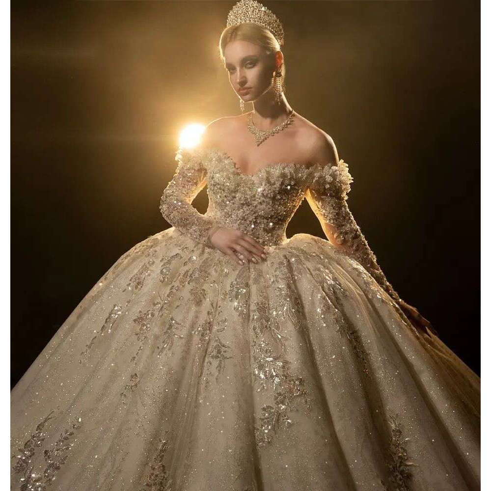 Sexy Off Shoulder Glitter Lace Wedding Dress 2024 Beads Sequins Appliques Custom Vestido De Novia