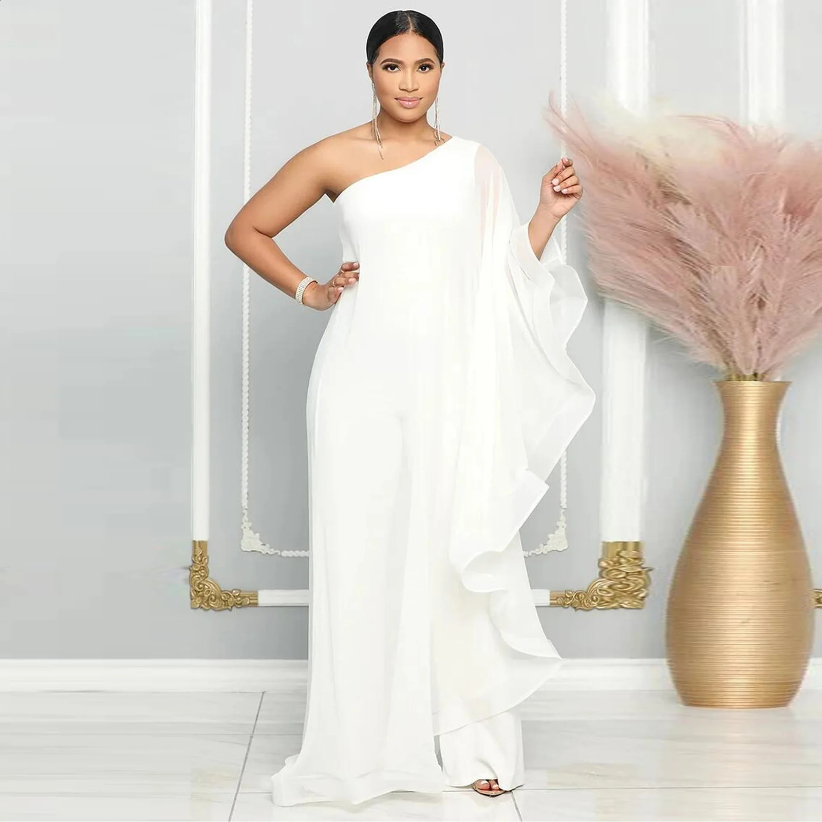 White Wide Leg Party Jumpsuit Sexy Women One Shoulder Elegant Solid Ruffles Casual Overalls Rompers 240813