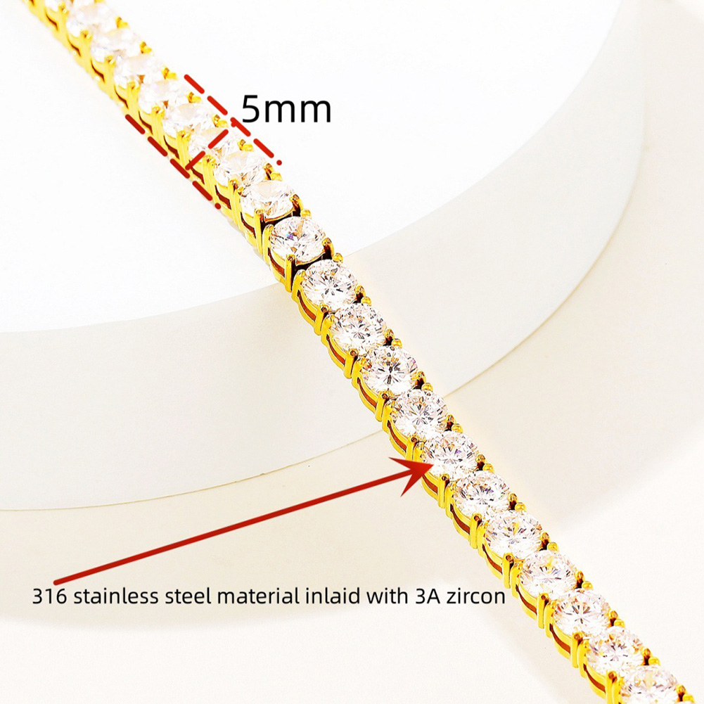 Hip Hop Stainless Steel Tennis Chain Necklace Bracelets 18K Real Gold Plated 5mm Zircon Jewelry