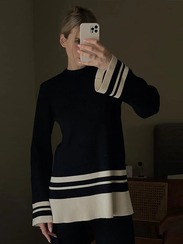 Loose Casual Striped Pant Set Women Elegant Long Sleeve Top Loose Wide Leg Trousers Autumn Elastic Two Piece Suit Outfit Lady 240813