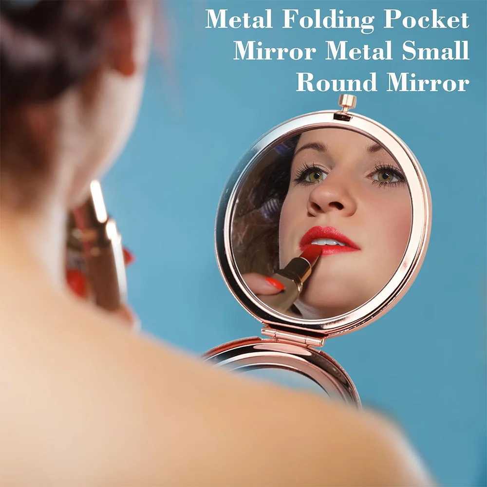 Womens cosmetics metal round mirror double-sided handheld facial care makeup folding pocket appearance glass purple letter pattern W240813