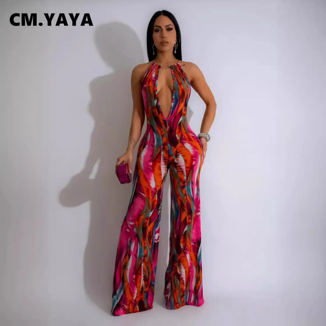 CM.YAYA Women Tie Dye Print Wide Leg Straight V-Neck Sleeveless Jumpsuits 2024 Summer Night Club Playsuit One Piece Suit Romper 240813